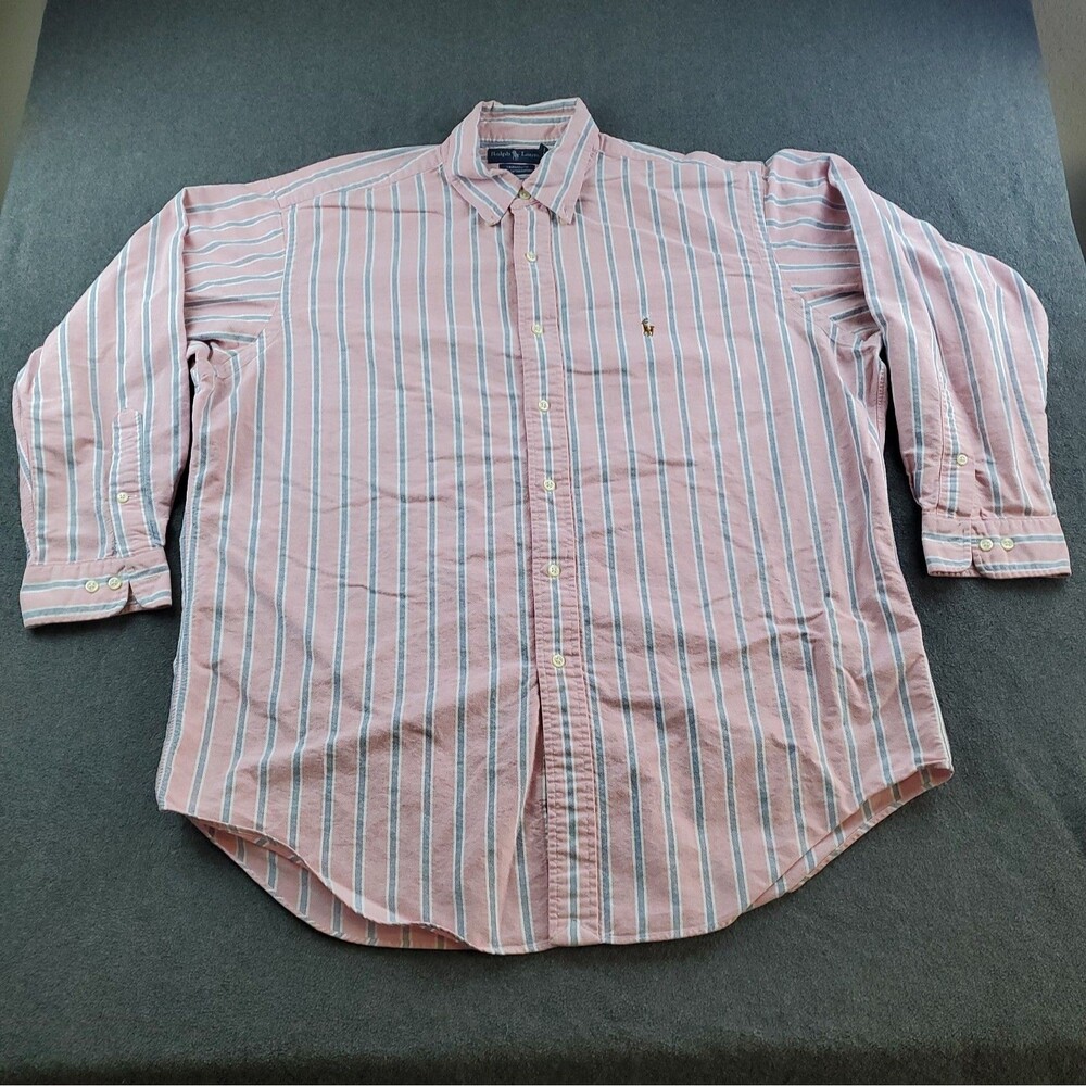Vintage Ralph Lauren Yarmouth Shirt Mens Size 16.5 Pink Striped Button Up Oxford